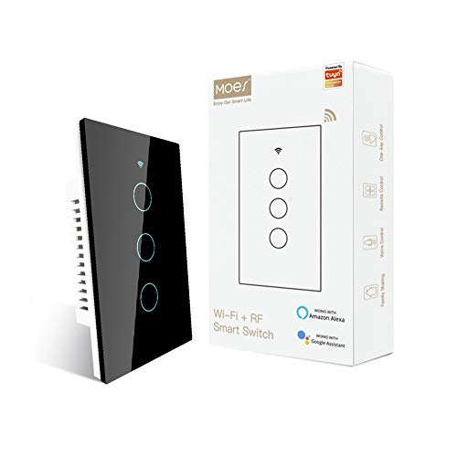 MOES 2.4GHz WiFi Wall Touch Smart Switch Neutral Wire Required, 3 Way Multi-Control, Glass Panel Light Switch