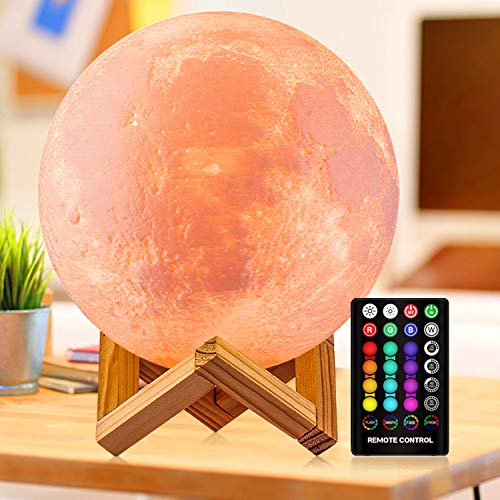 BRIGHTWORLD Moon Lamp Kids Night Light Galaxy Lamp 5.9 inch 16 Colors LED  3D Star Moon Light with Wood Stand, Remote & Touch Control USB Rechargeable