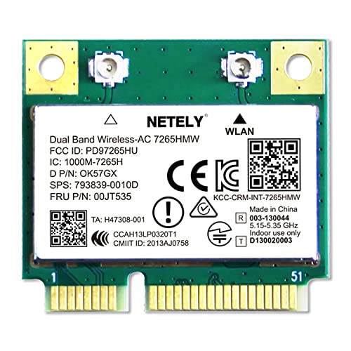 NETELY Wireless-AC 7265HMW Mini-PCIE Interface 1200Mbps WiFi Adapter with Bluetooth 4.2 for Windows 7,8.1,10,11 PCs, 2.4GHz 300Mbps & 5GHz 867Mbps, Intel Wireless-AC 7265D2W (Wireless-AC 7265HMW)