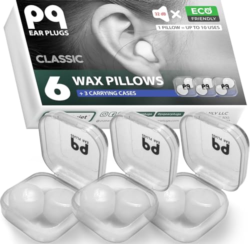 PQ Wax Ear Plugs for Sleep - 6 Silicone Wax Earplugs for Sleeping and Swimming - Gel Ear Plugs for Noise Cancelling, Ear Protection - Sleeping Earplugs with Sound Blocking 32 Db (6-Pillows). White