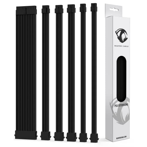 Reaper Cable Sleeved PSU Extension Set - Power Supply Extensions - 1x 24 Pin/ 2X 8 Pin/ 2X 6 Pin/ 1x 4+4 Pin - with Combs - 30cm (Black)