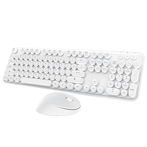 Retro Wireless Keyboard with Cute Mouse, White