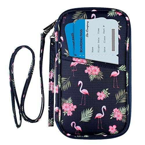 RFID Blocking Passport Wallet, Family Travel Passport Holder Document Organizer Bag with Wrist & Neck Double Strap (Large RFID-Flamingo)