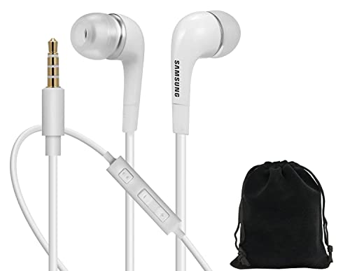 SAMSUNG Headphones 3.5mm Stereo Earphones with Remote and Mic - Original OEM - Non-Retail Packaging with Pouch - White