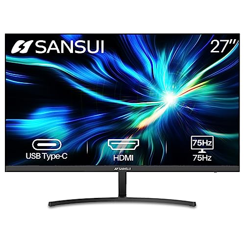 SANSUI Monitor 27 inch FHD 1080p 75Hz USB Type-C Computer Monitor HDMI VGA Built-in Speakers Headphone Eye Care VESA Compatible for Home Office
