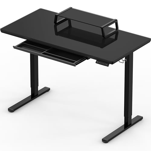 SHW 48-Inch Glass Electric Desk with Monitor Riser and Drawer