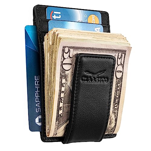 Slim Leather Wallet with Magnetic Clip and RFID Blocking
