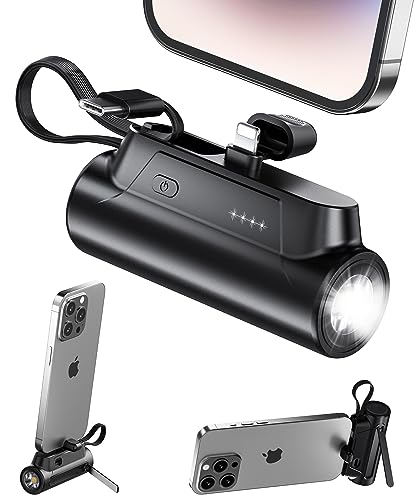 Small Portable Phone Charger with Built-in Cable and Flashlight