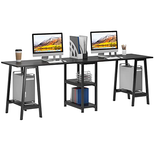 SogesHome 94.5’’ Two Person Desk, Double Computer Desk with Storage 2-Tier Shelf, Extra Long Large Gaming Desk, Office Study Writing Desk Workstation-94.5L’’x23.6W’’x29.5H’’(Black)