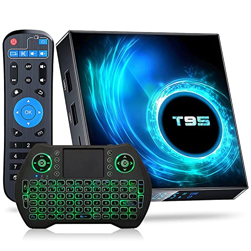 T95 Android TV Box 2023 4GB RAM 128GB ROM Android Box 10.0, H616 Cortex-A53 CPU Support 4K 6K 3D Video 2.4G/5G WiFi 100Mbps Ethernet Bluetooth TV Box Android with 2.4G Backlit Mini Wireless Keyboard
