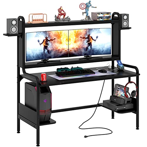 TIYASE Gaming Desk with Monitor Stand & Power Outlet