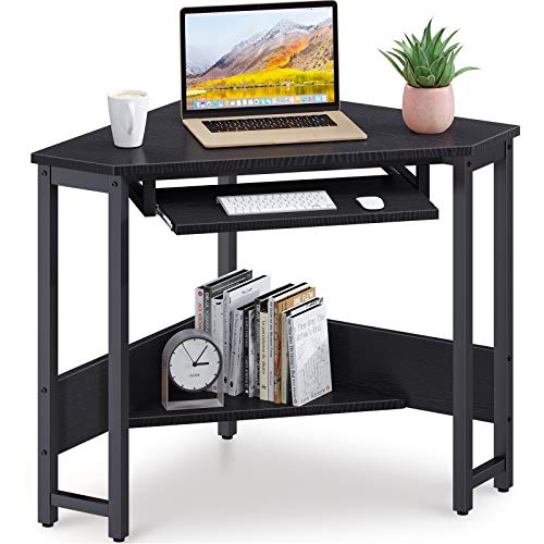 Triangle Computer Desk with Keyboard Tray & Storage Shelves