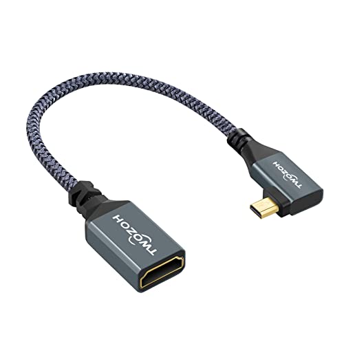 Twozoh Left Angled Micro HDMI to HDMI Adapter Cable, Nylon Braided 90°Degree Micro HDMI Male to HDMI Female Cable (Type D to Type A) Support 4K/60Hz 1080p (0.6FT)