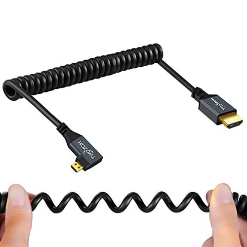 Twozoh Right Angled Coiled Micro HDMI to HDMI Cable, Micro HDMI to HDMI Coiled Cable 90°Degree Stretched Length 30cm to 150cm - Supports 3D/4K 1080p(5FT)