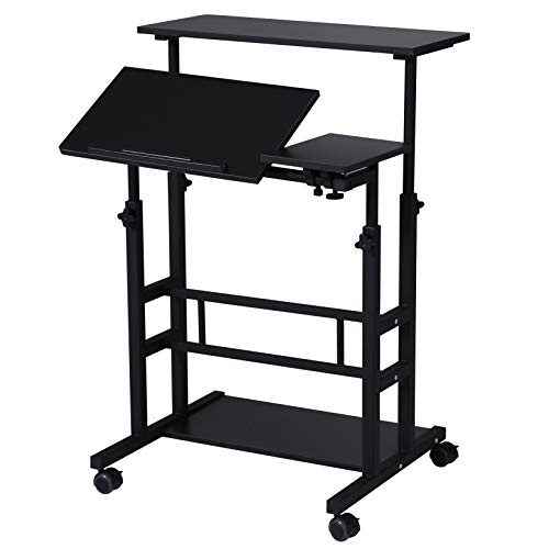 UNICOO- Mobile Standing Desk, Height Adjustable Sit Stand Workstation, Rolling Standing Desk, Stand Up Computer Desk with Dual Surface for Home Office(U101-Black)