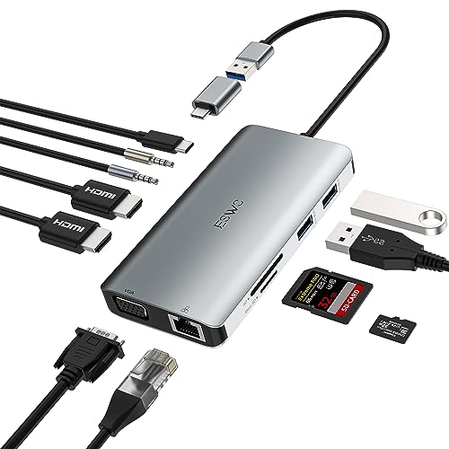 USB Docking Station, JESWO USB 3.0 Laptop Docking Station Dual Monitor (Dual Video HDMI & VGA, Gigabit Ethernet, Audio, and More USB Ports)-Grey