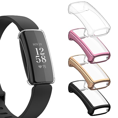 Vanjua Compatible with Fitbit Inspire 2 Screen Protector Case, [4 Pack] Soft TPU Full Around Protective Cover Bumper for Fitbit Inspire 2 Smartwatch Accessories (Black+Silver+Rosegold+Rosepink)