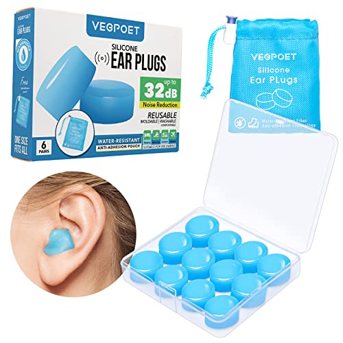 Vegpoet Reusable Moldable Silicone Earplugs - Effective Noise Reduction for Sleep, Swimming, Studying - 12 Pack