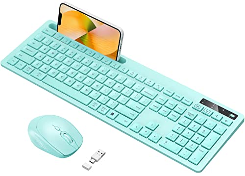 Vivefox Teal Wireless Keyboard with Phone Holder USB A & Type C Receiver Mint Keyboard and Mouse Compatible for Windows, Mac, MacBook/Air/Pro Computer, Green
