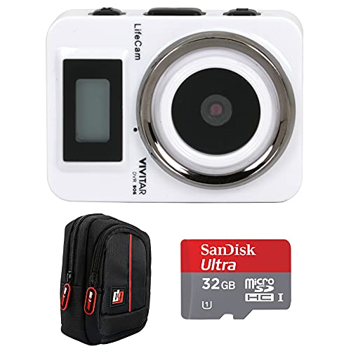 Vivitar DVR906HD-WHT Lifecam Digital Lifelogger, White Bundle with Sandisk 32GB microSDHC Memory Card and Deco Gear Camera Case (Black/Red)