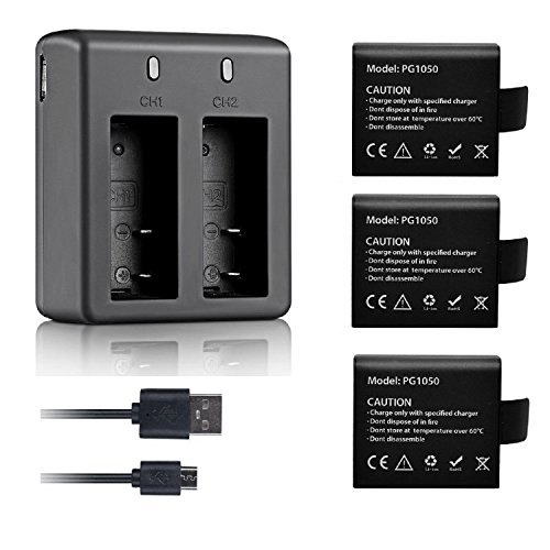 VVHOOY 3 PCS 1050mAh Rechargeable Action Camera Batteries and Dual Battery Charger