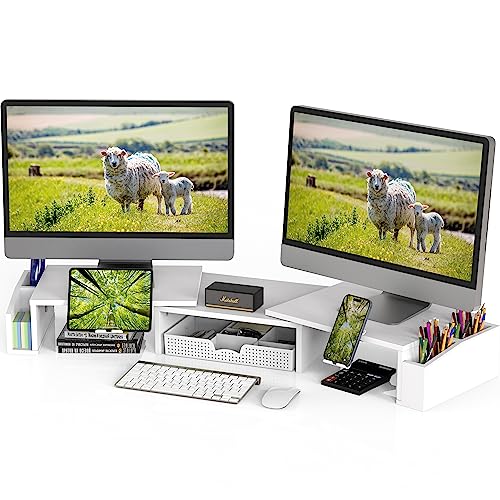 White Desk Dual Monitor Stand Riser with Drawer