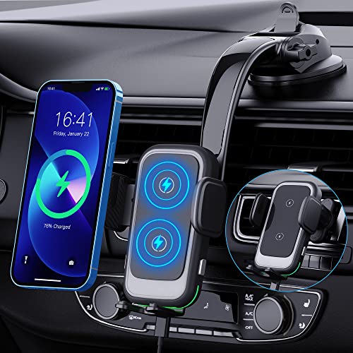 Wireless Car Charger, Tenpoform 15W Qi Fast Charging Double Coil Charging Auto Clamping Phone Mount Air Vent Dashboard Phone Holder for Wireless Charging Phones