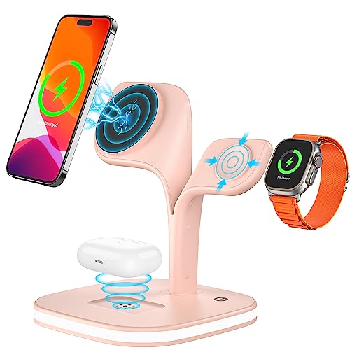 Wireless Charging Station, Magnetic Charging Station, 5 in 1 Fast Mag Safe Charger for iPhone 14 13 12 Series, Wireless Charger Stand for Apple Watch Ultra 8 7 6 5 4 3 2, Airpods Pro 3 2 (Pink)