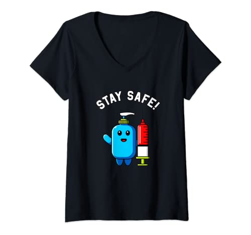 Womens Stay Safe Hygiene Sanitizer with Syringe Vaccination Medical V-Neck T-Shirt