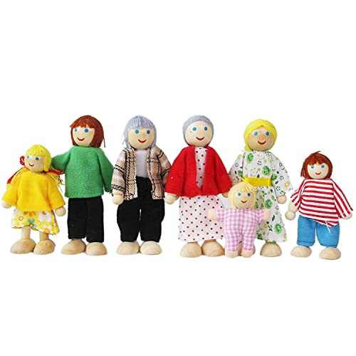 Wooden Doll House People, 7 Family Figures Miniature Doll House, Wooden Doll House Family Dress-Up Characters Grandpa, Grandma, Mom, Dad, Boy and Girl