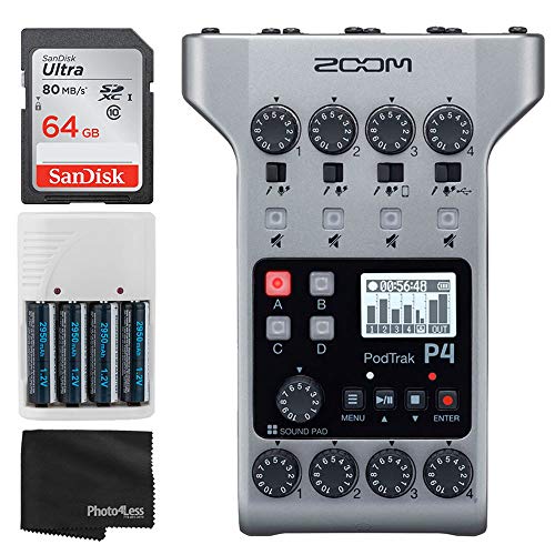 Zoom PodTrak P4 Portable Multitrack Podcast Recorder Bundle