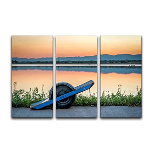 AEEZVMXNYG 3 Piece Canvas Pictures Wall Art One Wheeled Electric Skateboard on a Lake Shore Stretched & Framed Painting Posters Artwork Home Decor for Living Room Bedroom Ready to Hang