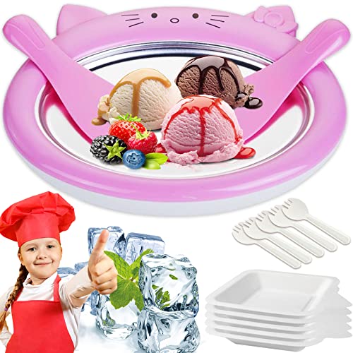 Instant Ice Cream Maker for Rolled Ice Cream Maker Machine with 2 Shovels 5 Plates and 5 Spoons,Frozen Yogurt Ice Cream Machine,Homemade Rolled Ice Cream(Round Pink)