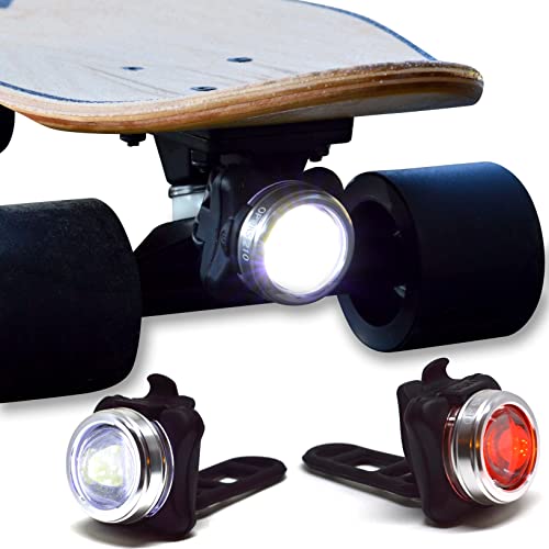 OPTIKS 210 Skateboard Light USB Rechargeable Safety Longboard Front & Rear LED Headlight & Taillight for Skateboards with Standard Trucks