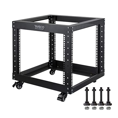 RIVECO 9U Open Frame Server Rack with Casters- Heavy Duty 4 Post Quick Assembly 19-inch, Stereo Rack Network Cabinet Black