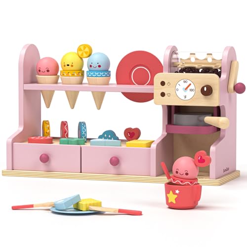 Wooden Ice Cream Counter Play Set - Pretend Play Food Kitchen Accessories