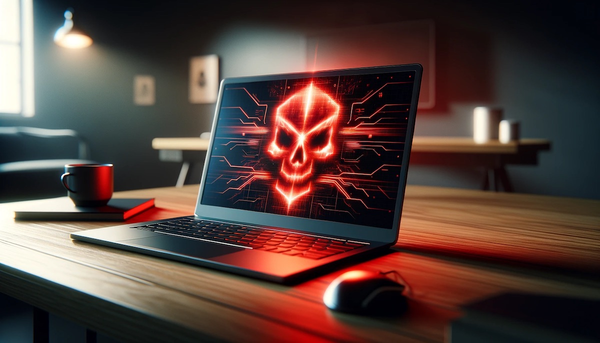 modern laptop with a red glowing skull symbol on the screen, set against a dimly lit background, conveying the danger and urgency of a malware infection