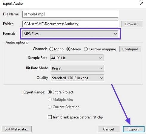 export after choosing mp3 format