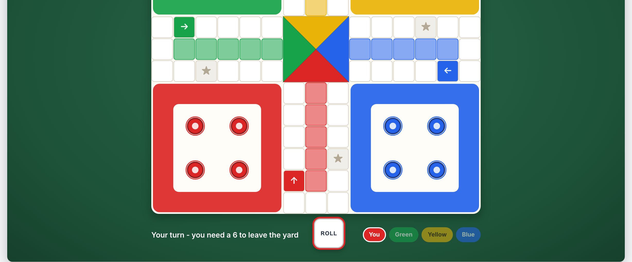Ludo being played at ludo.now in a browser