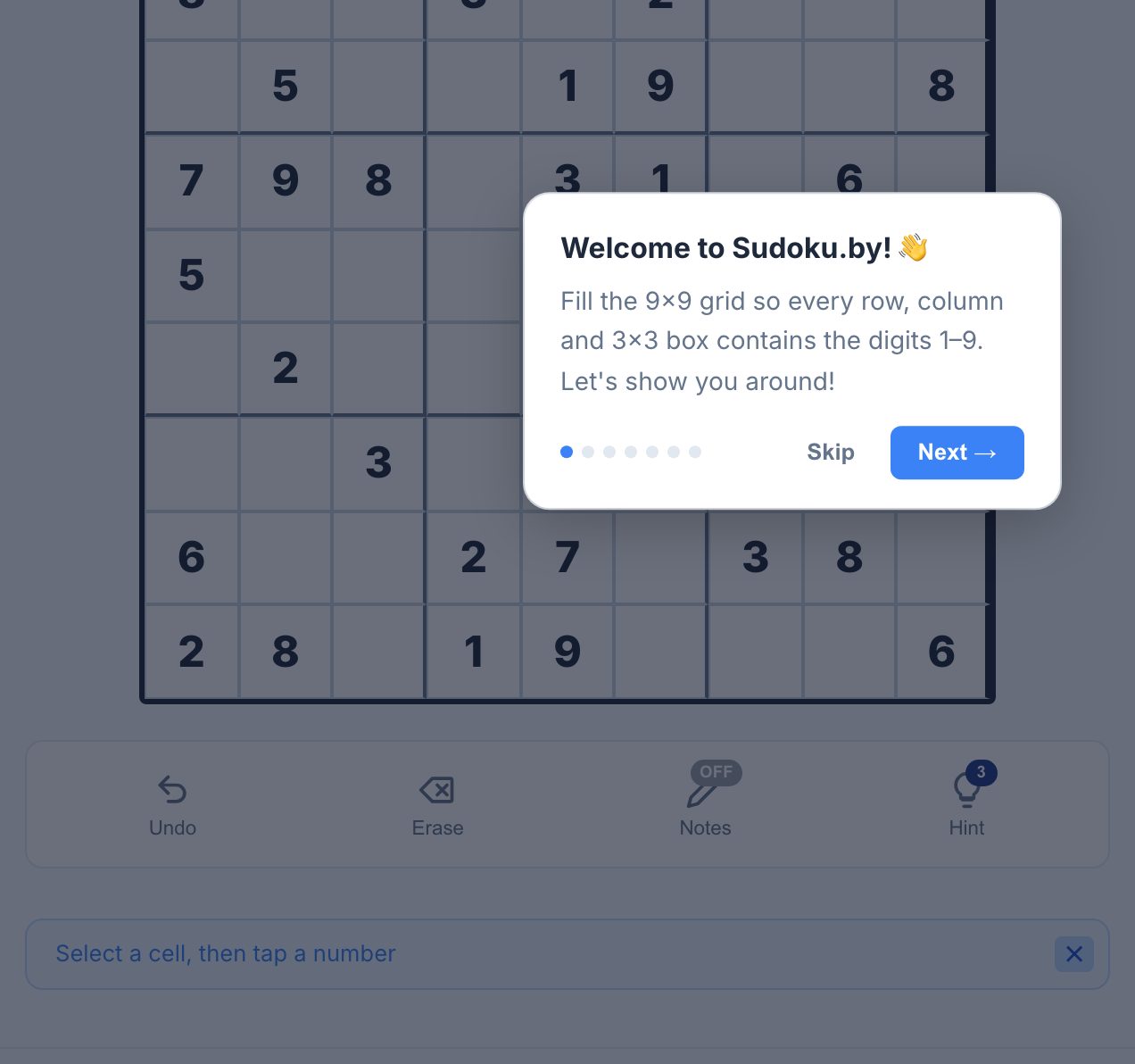 Sudoku being played at sudoku.by in a browser